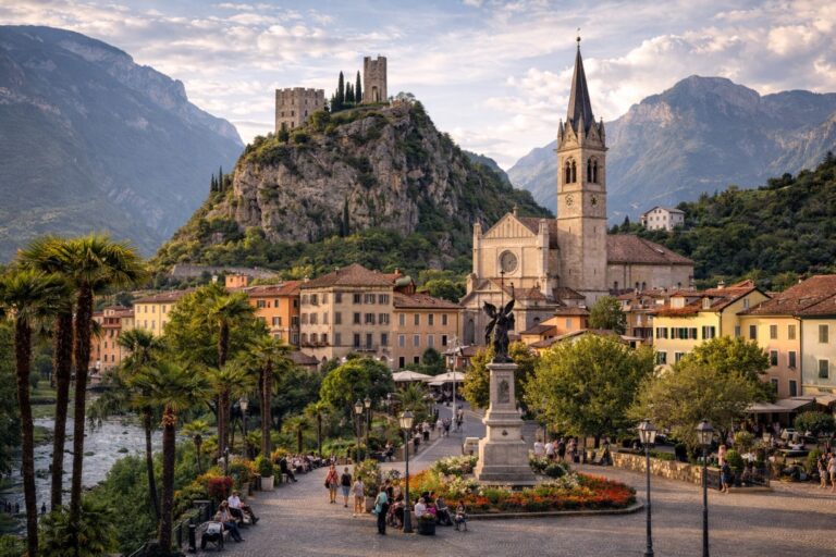 Arco town center with Castello di Arco on the rocky hill above the Garda Trentino valley.