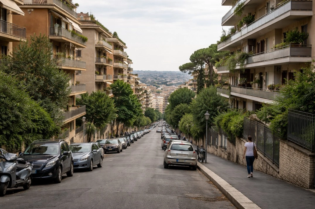 Balduina in Rome, Italy – quiet elevated residential street with apartment buildings