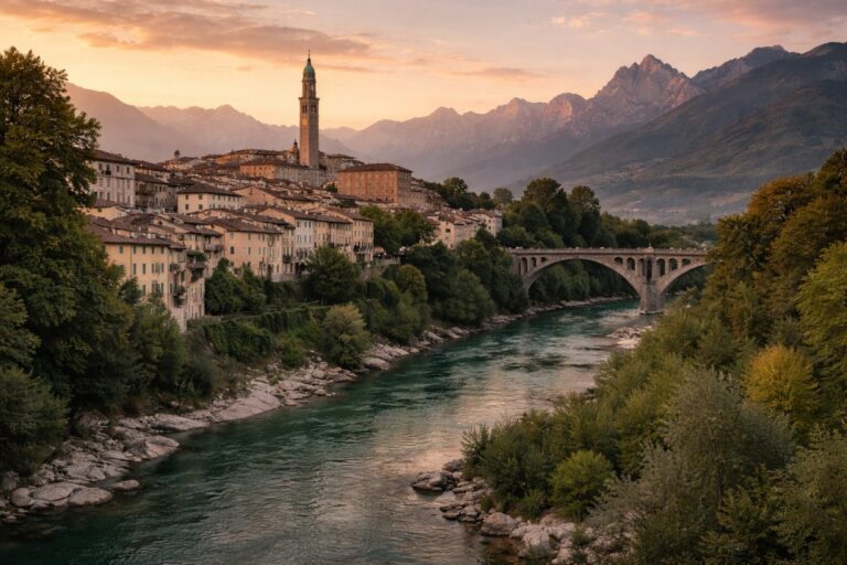 View of Belluno’s historic center with Piazza dei Martiri and the Dolomites rising in the background.