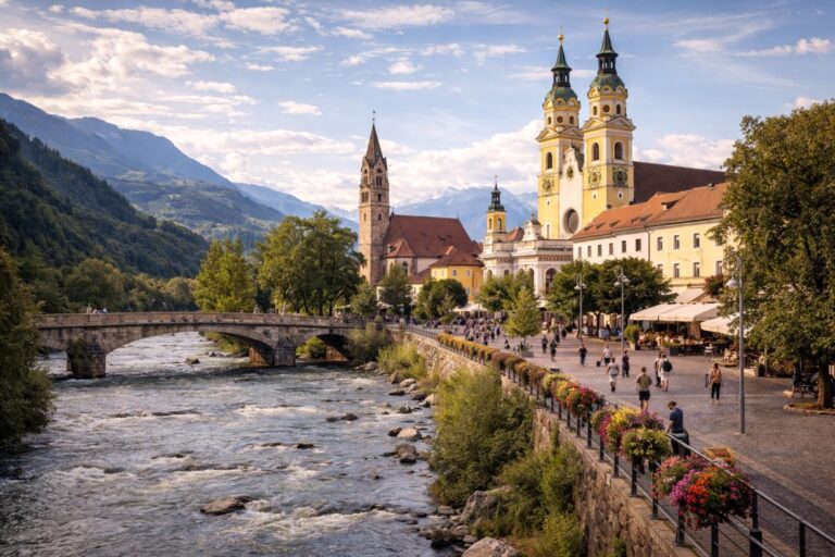 Bressanone Cathedral and historic town center along the Eisack River in South Tyrol surrounded by alpine mountains.