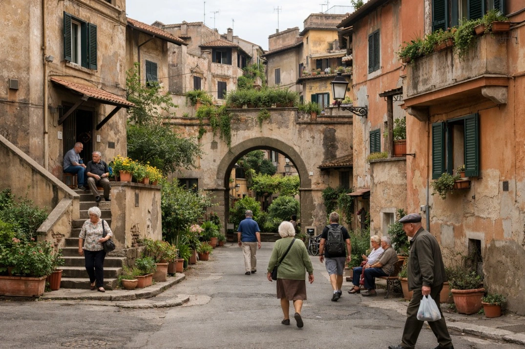 Garbatella in Rome, Italy – residential street with low-rise buildings and greenery