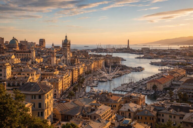 Panoramic view of Genoa harbor with the Lanterna lighthouse, historic buildings, and port infrastructure.