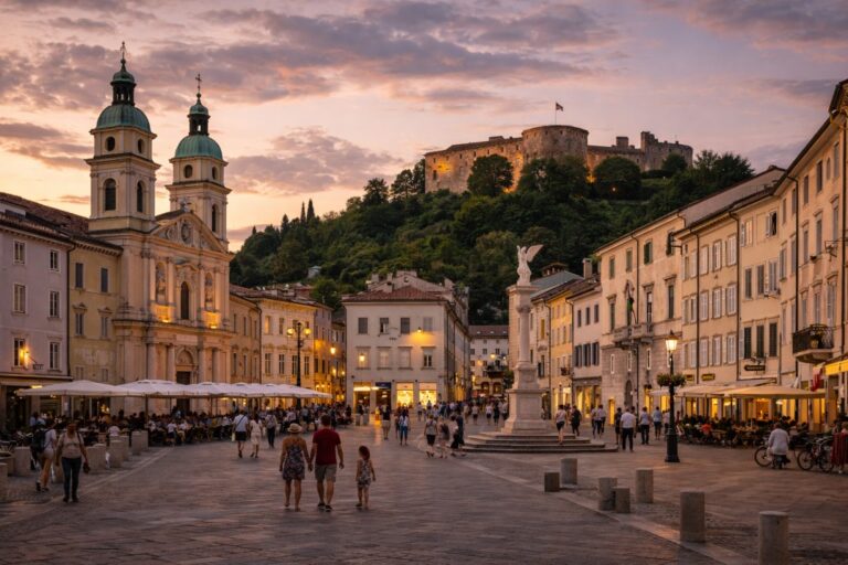 Piazza della Vittoria in Gorizia with Sant’Ignazio church and the Gorizia Castle above the city.