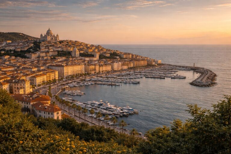 Panoramic view of Imperia’s Porto Maurizio district with the Cathedral of San Maurizio overlooking the Ligurian Sea and marina.