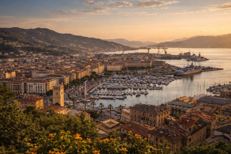 Panoramic view of La Spezia harbor with marina, naval port, and hills surrounding the Gulf of Poets.