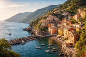 Living in Liguria: Hillside coastal town with pastel buildings stacked above the sea along a narrow shoreline corridor.