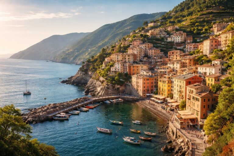 Living in Liguria: Hillside coastal town with pastel buildings stacked above the sea along a narrow shoreline corridor.