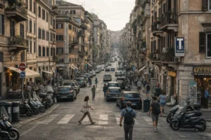 Living in Rome, Italy – everyday residential street scene with traffic and pedestrians