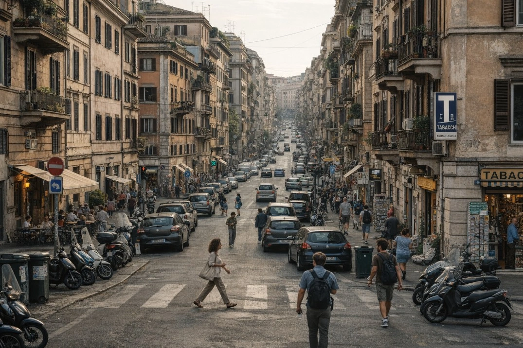Living in Rome, Italy – everyday residential street scene with traffic and pedestrians