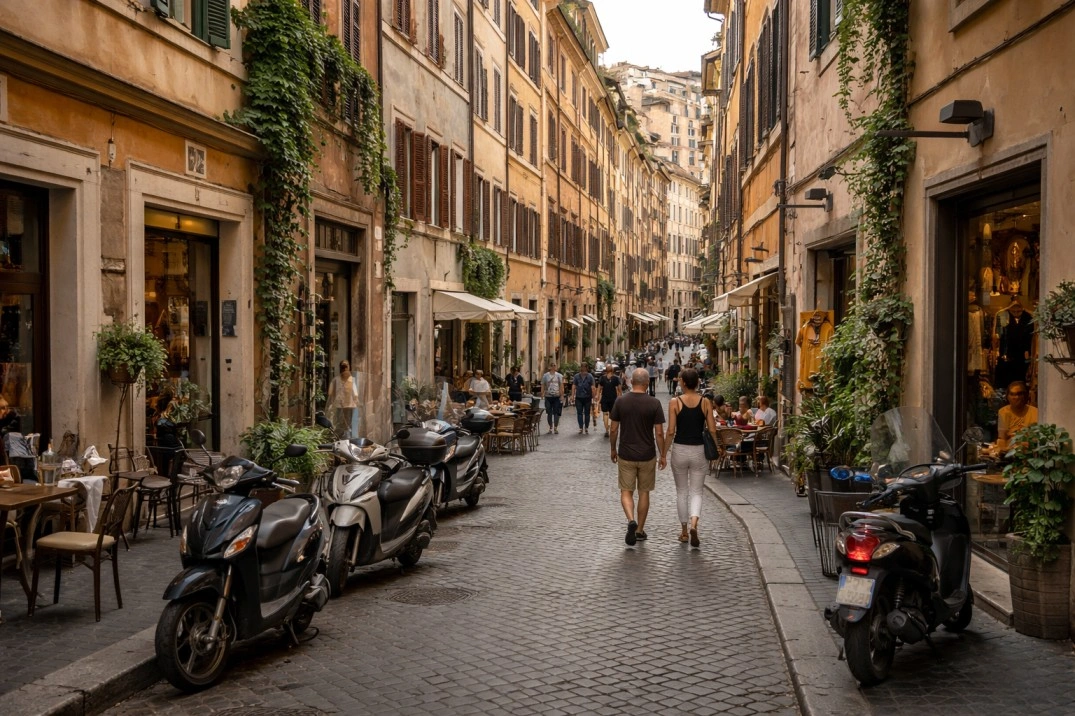 Monti in Rome, Italy – compact central street with shops and pedestrians