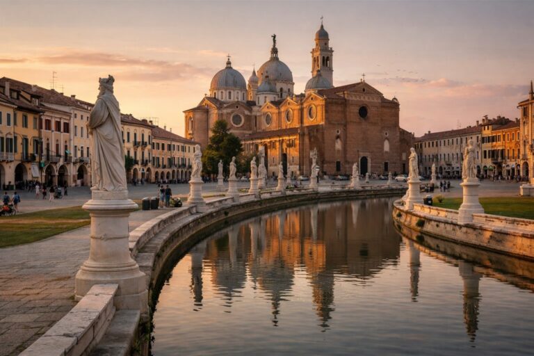 Prato della Valle in Padova at sunset with statues lining the canal and the Basilica of Saint Anthony in the background.
