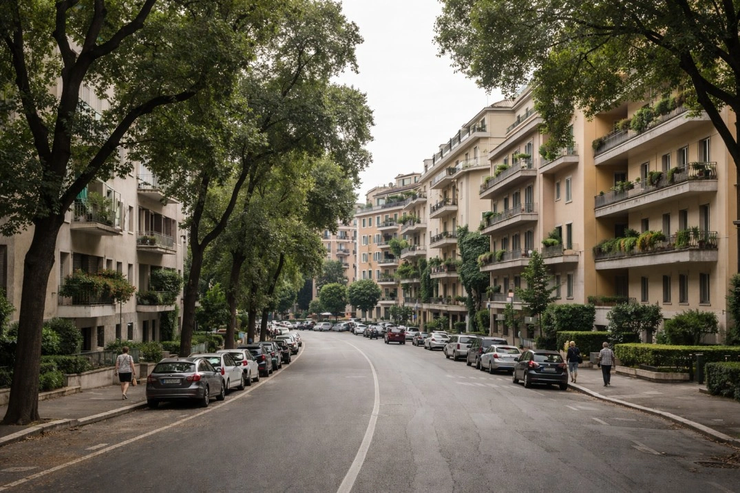 Parioli in Rome, Italy – quiet residential street with trees and elegant apartment buildings