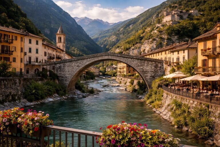 Roman stone bridge crossing the Lys River in Pont-Saint-Martin, Valle d’Aosta Italy.