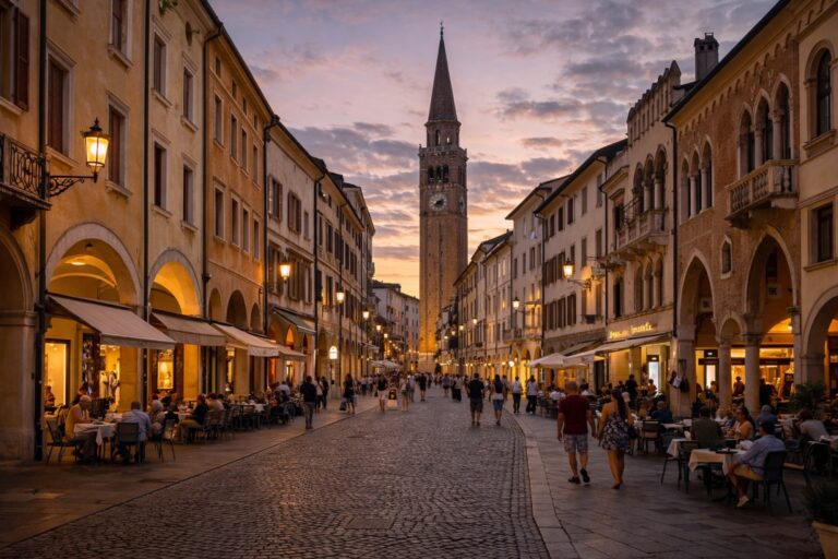 Corso Vittorio Emanuele II in the historic center of Pordenone with arcaded buildings and the San Marco bell tower.