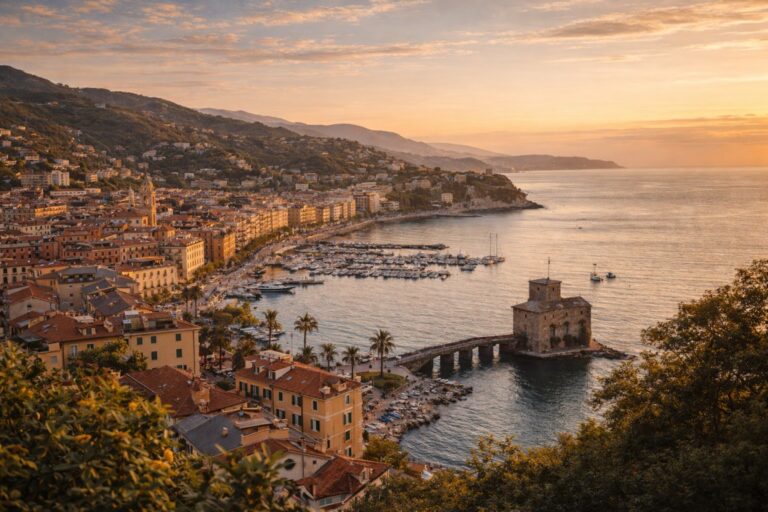 Rapallo harbor with Castello sul Mare fortress and colorful waterfront buildings on the Ligurian coast.