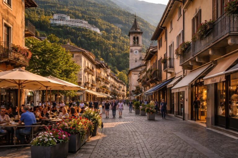 Saint-Vincent pedestrian street with Alpine hillside and spa complex above the town in Valle d’Aosta Italy.
