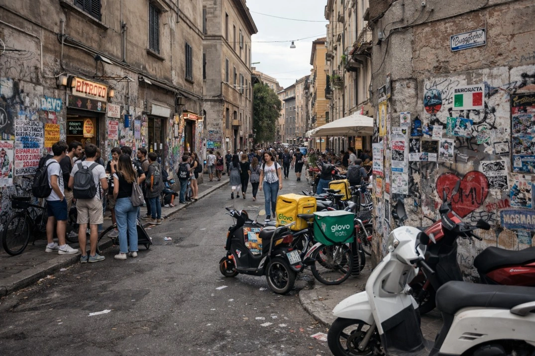 San Lorenzo in Rome, Italy – gritty student street with bars and scooters