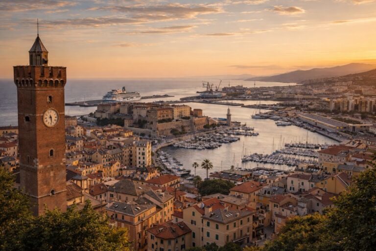 Savona harbor with the Priamar Fortress and Torretta del Brandale overlooking the Ligurian Sea.