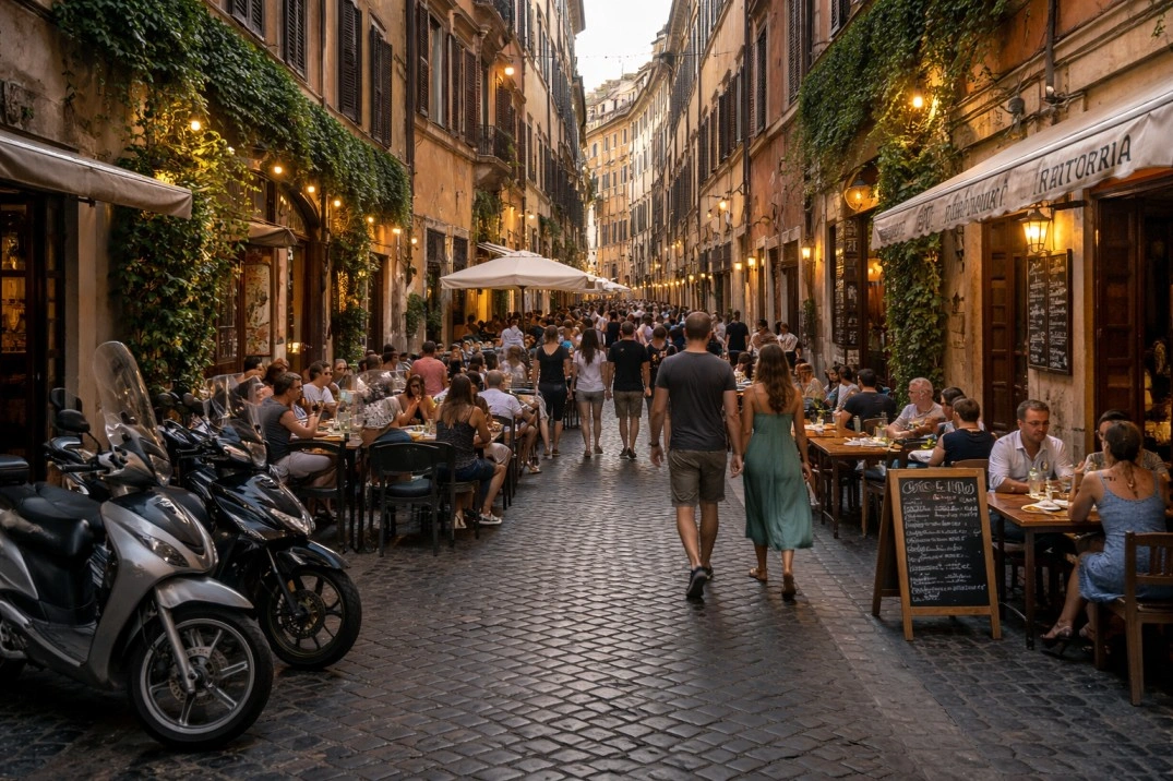 Trastevere in Rome, Italy – busy narrow street with cafés and foot traffic