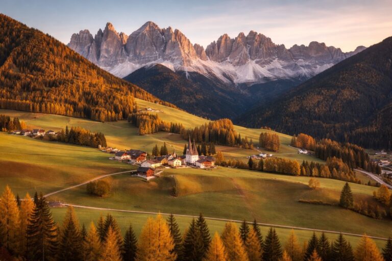 Living in Trentino-Alto Adige: Valley town in surrounded by Dolomite mountains and alpine forests at sunrise.