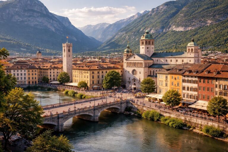 Historic center of Trento with the Cathedral of San Vigilio and Torre Civica in Piazza Duomo surrounded by alpine mountains.