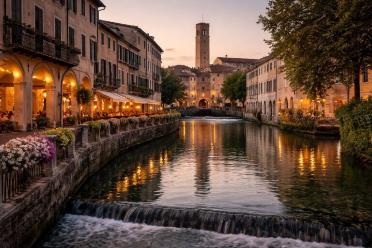 Evening view of Treviso with the Canale dei Buranelli, arcaded buildings, flower boxes and Torre Civica in the background.