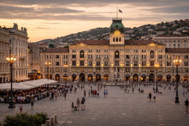 Piazza Unità d’Italia and Palazzo del Municipio in Trieste overlooking the Adriatic Sea.