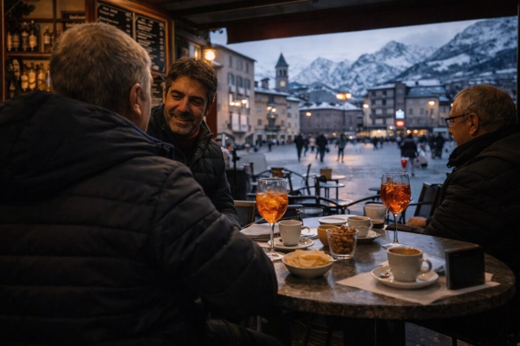 People having aperitivo at a small café terrace in a piazza in Valle d’Aosta with Alpine mountains in the background.