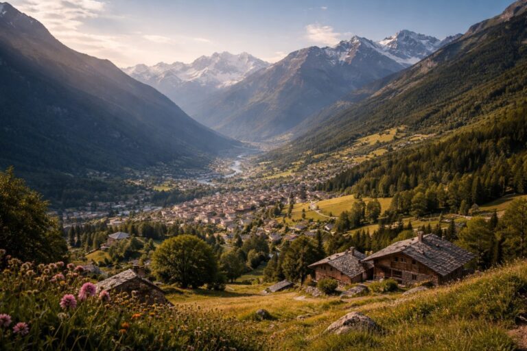 Living in Valle d'Aosta: Wide alpine valley landscape with the Aosta basin town below and high mountains surrounding the valley floor.