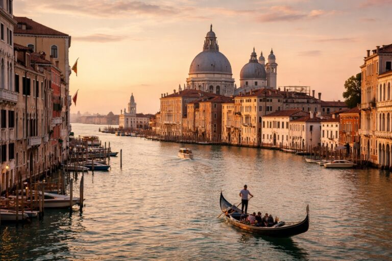 Sunset view over the Grand Canal in Venezia with Basilica di Santa Maria della Salute and historic palazzi reflected in the water.