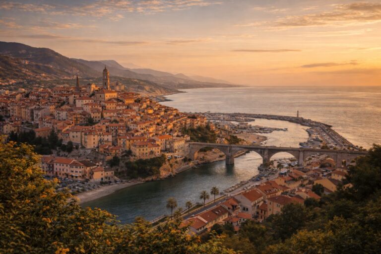Ventimiglia old town overlooking the Roya River and marina on the Ligurian coast near the French border.