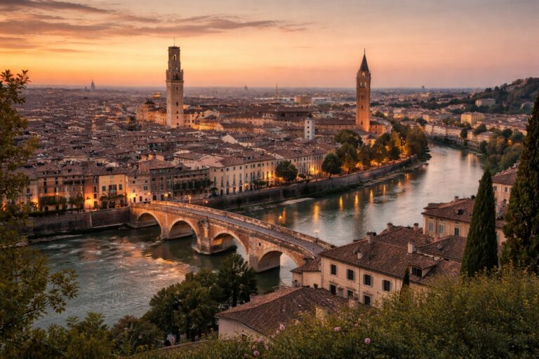 View over Verona at sunset with the Adige River, Ponte Pietra bridge, Torre dei Lamberti and historic rooftops.