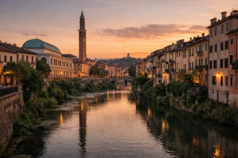 Sunset view of Vicenza with the Basilica Palladiana, Torre Bissara and riverside buildings reflected in the water.