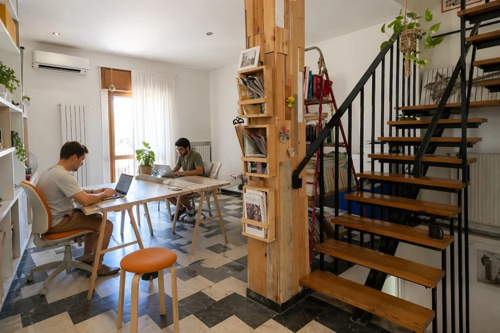 Benetural coliving and coworking space in Matera with remote workers, open staircase and shared workspace