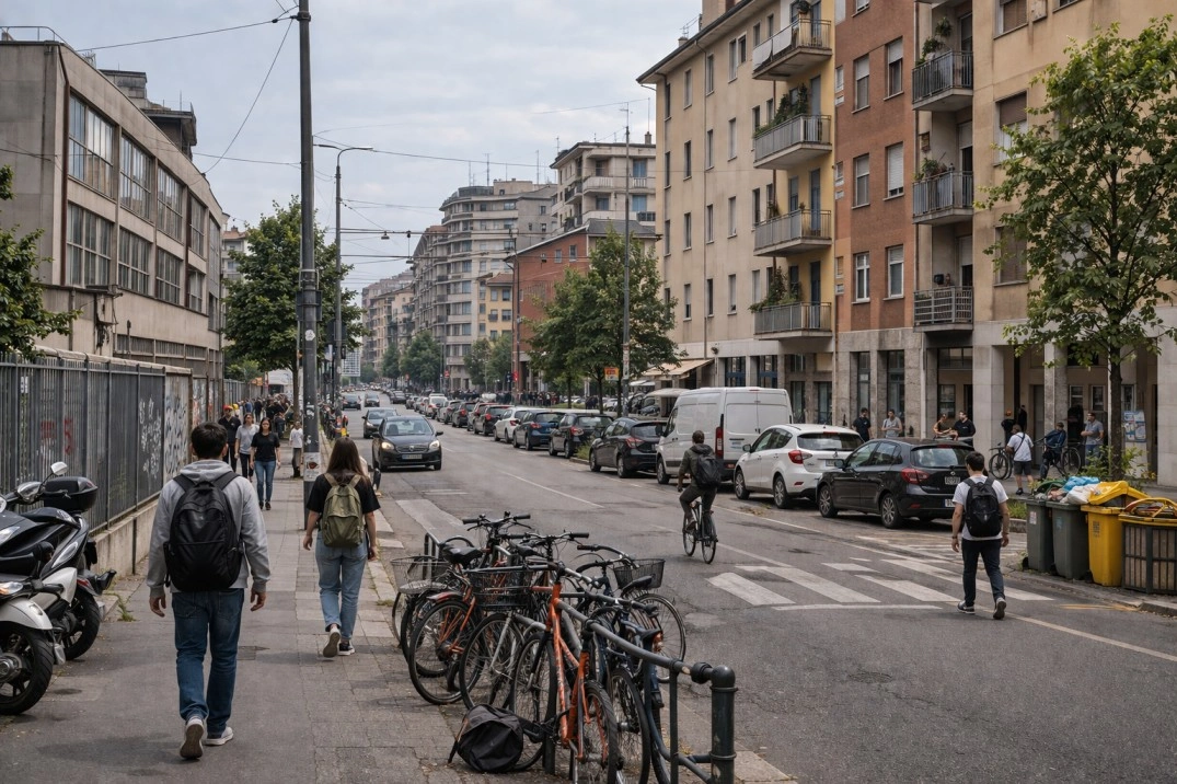 Bovisa in Milan, Italy – outer district street with modest buildings and everyday use