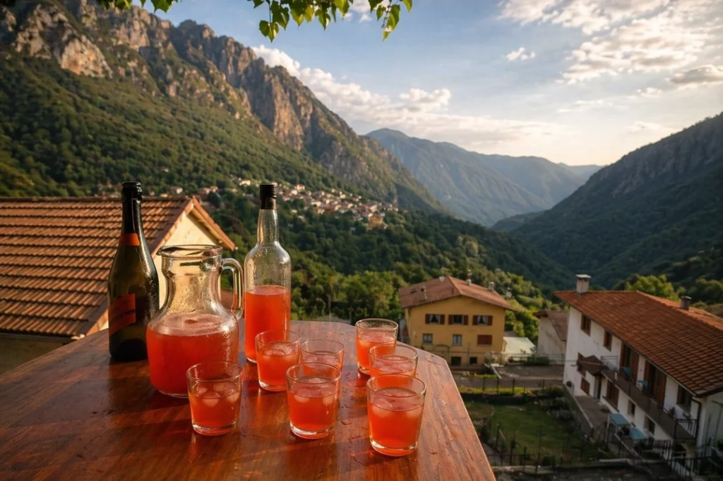 Mountain valley view from Casa della Rosa coliving terrace with shared aperitivo setting in the Italian Alps