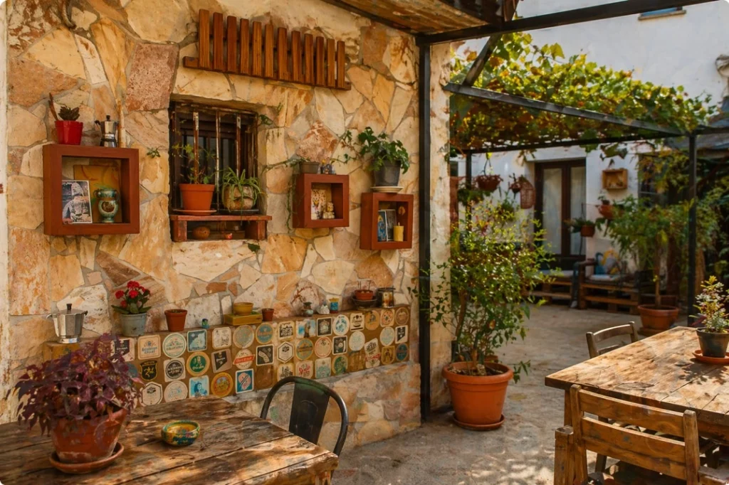 Rustic courtyard at Casa Verdi coliving in Catania with Mediterranean plants and shared outdoor seating