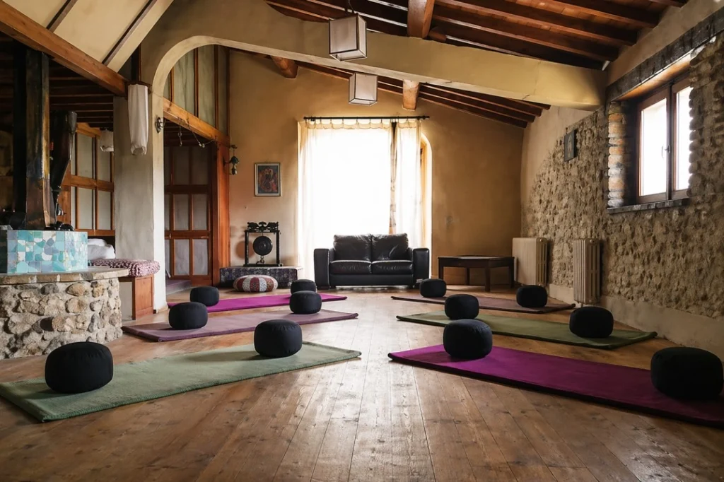 Rustic yoga and wellness room inside Casale BoscoAlto coliving retreat near Rieti in Lazio