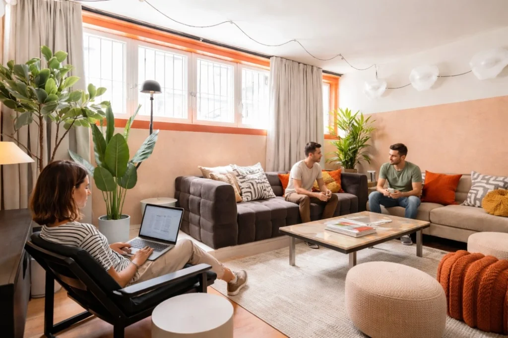 Cohabs Bolivar Milan shared living room with sofas, natural light, and everyday coliving activity