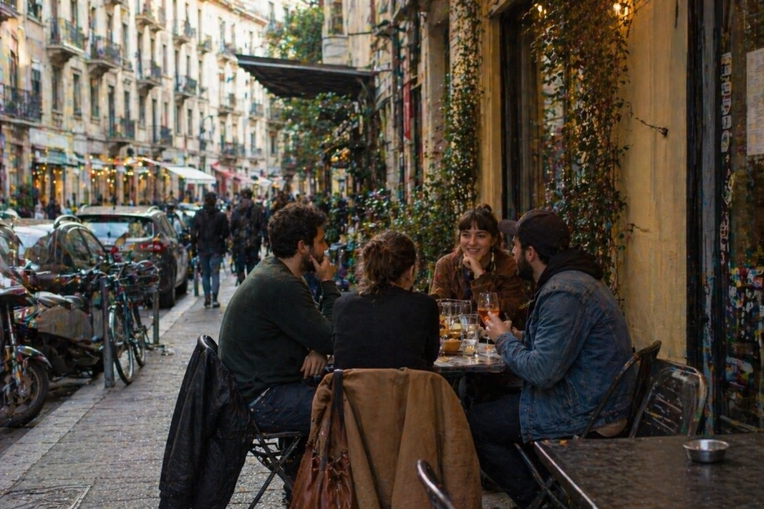 Community in Torino, Italy – small group talking at a neighborhood café table