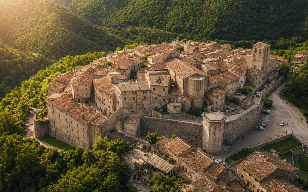 Dolce Vita Coliving Umbria aerial view of hilltop village surrounded by forest
