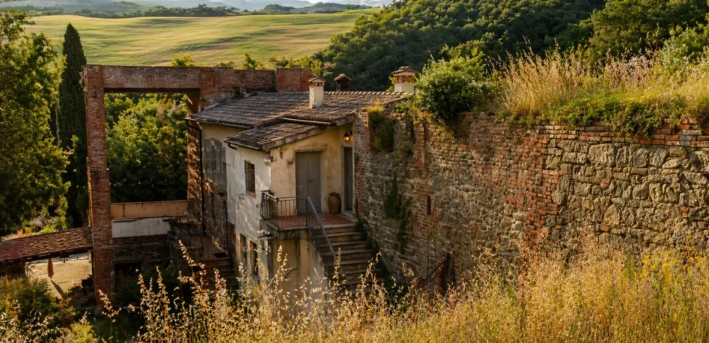 Il Fornello coliving in Umbria surrounded by countryside hills and rustic stone farmhouse