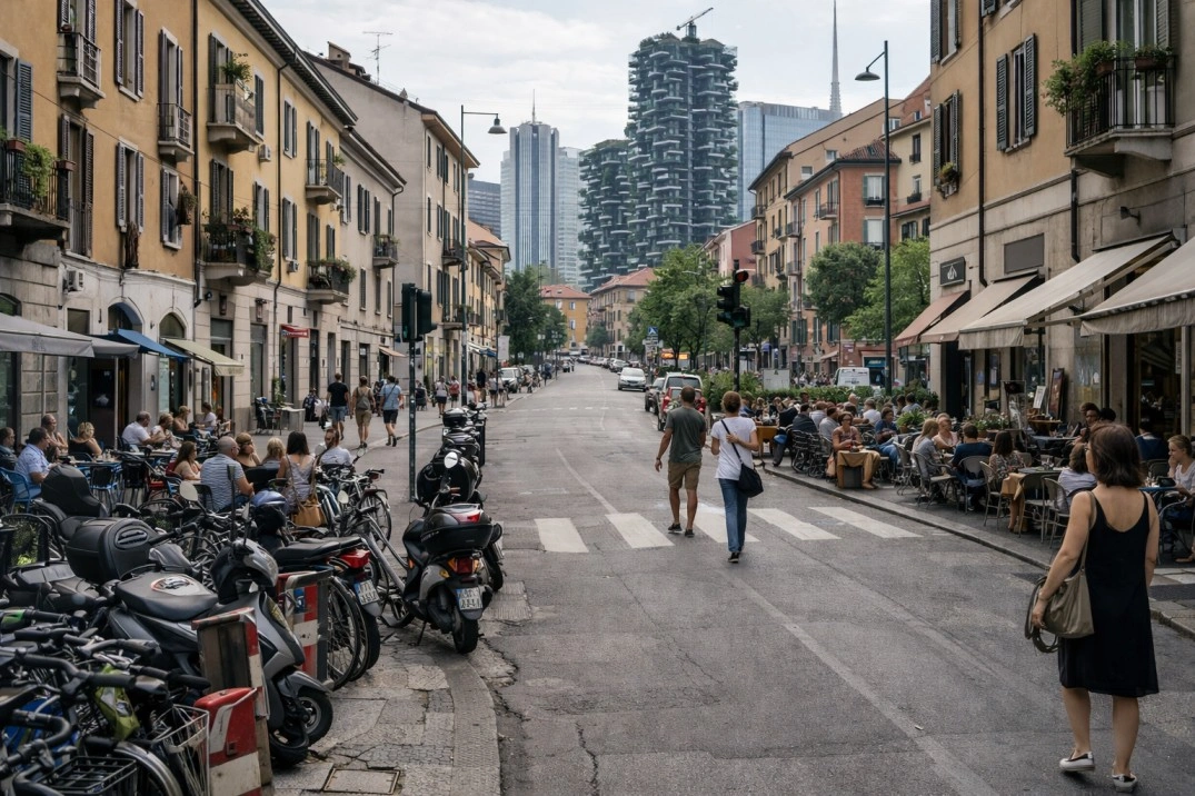 Isola in Milan, Italy – semi-central street with mixed buildings and everyday movement