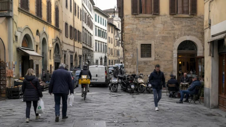 Living in Florence, Italy – pedestrians and scooters on a dense historic street