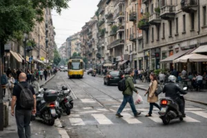 Living in Milan, Italy – weekday street scene with trams, pedestrians, and dense urban movement