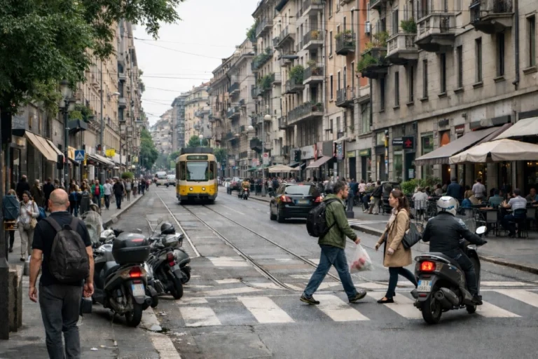 Living in Milan, Italy – weekday street scene with trams, pedestrians, and dense urban movement
