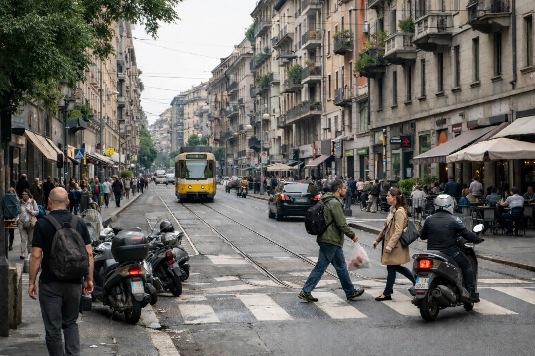 Living in Milan, Italy – weekday street scene with trams, pedestrians, and dense urban movement