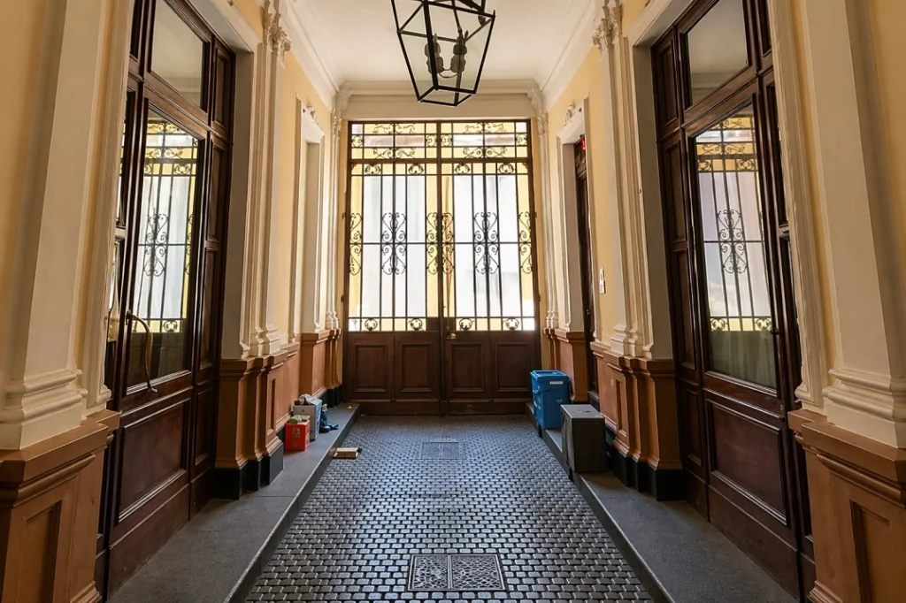 Historic entrance hall at Lomi House Siccardi in Turin with elegant architecture and shared residential atmosphere