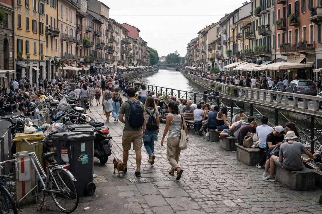 Navigli in Milan, Italy – canal-side street with pedestrians, seating, and dense daily activity