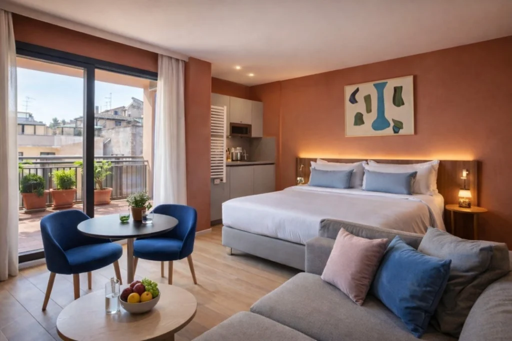 Numa Rome Trastevere serviced apartment interior with terrace and workspace